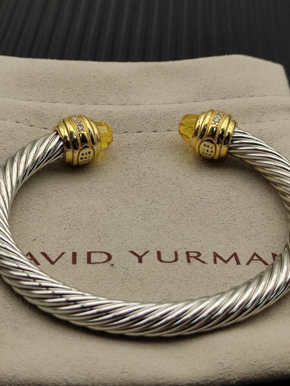 David Yurman—Silver—7mm Bracelet with Gold End Caps Set with Yellow Diamonds - Picture 2 of 8